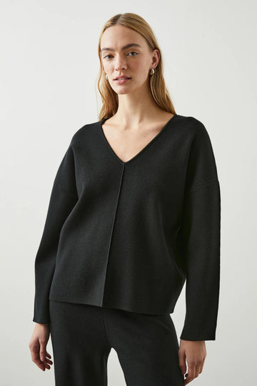 Heavyweight black jersey V neck jumper