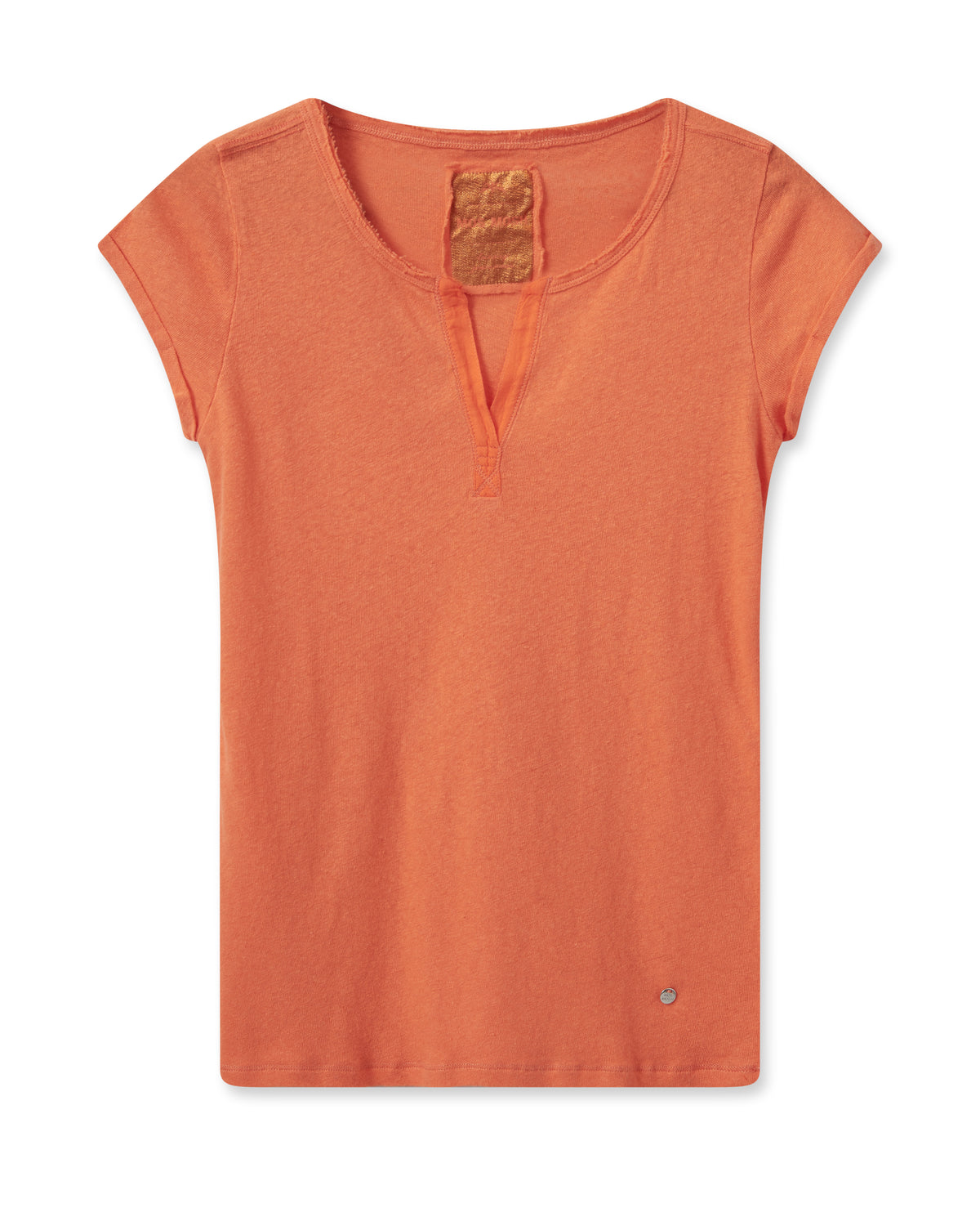 hot orange linen blend tee with a notch neck and short sleeves