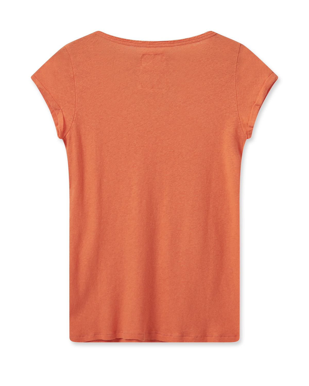 hot orange linen blend tee with a notch neck and short sleeves rear view