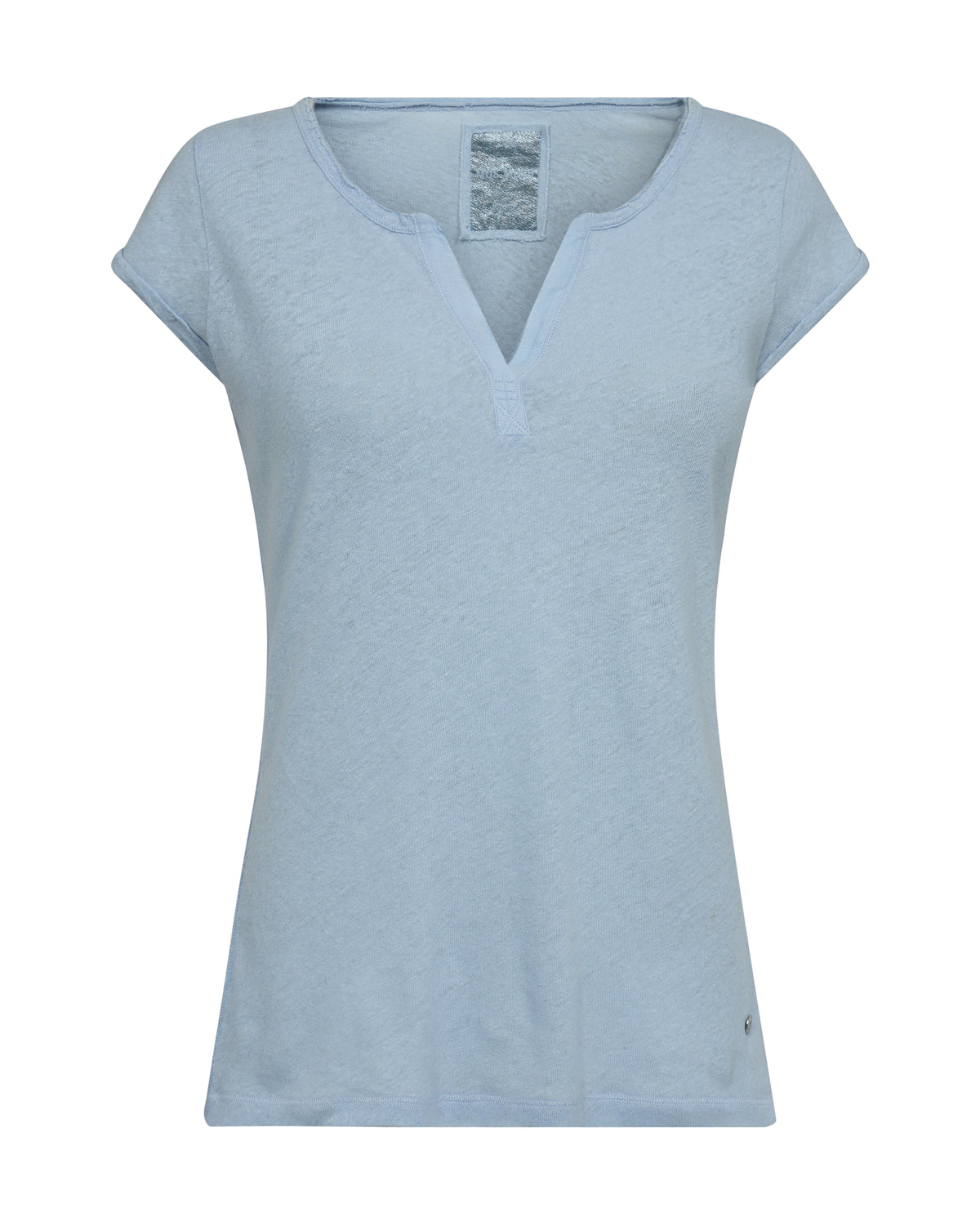 Front view of linen and cotton blend t shirt with a notch neck and short sleeves