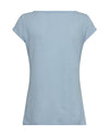 Rear view of linen and cotton blend t shirt with notch neck and short sleeves in pale blue
