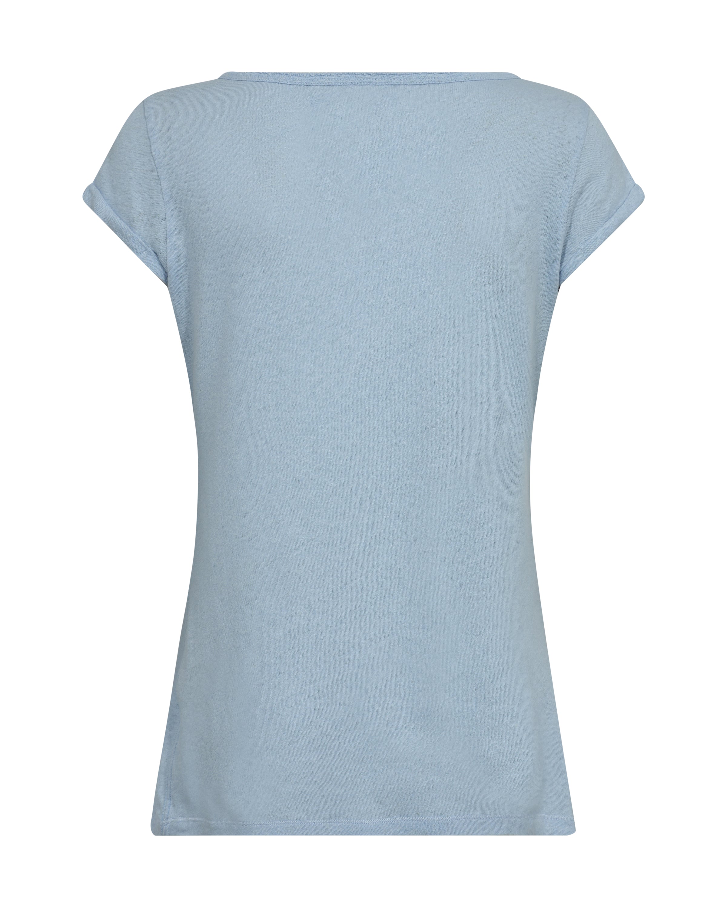 Rear view of linen and cotton blend t shirt with notch neck and short sleeves in pale blue