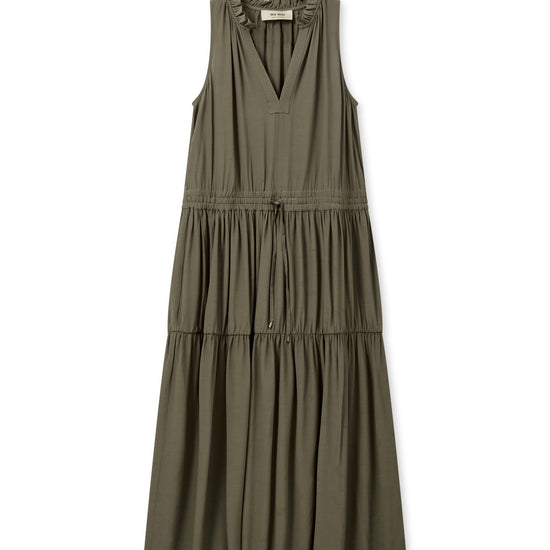 Khaki green tiered dress with small ruffle detail at the neck and a elasticated waist