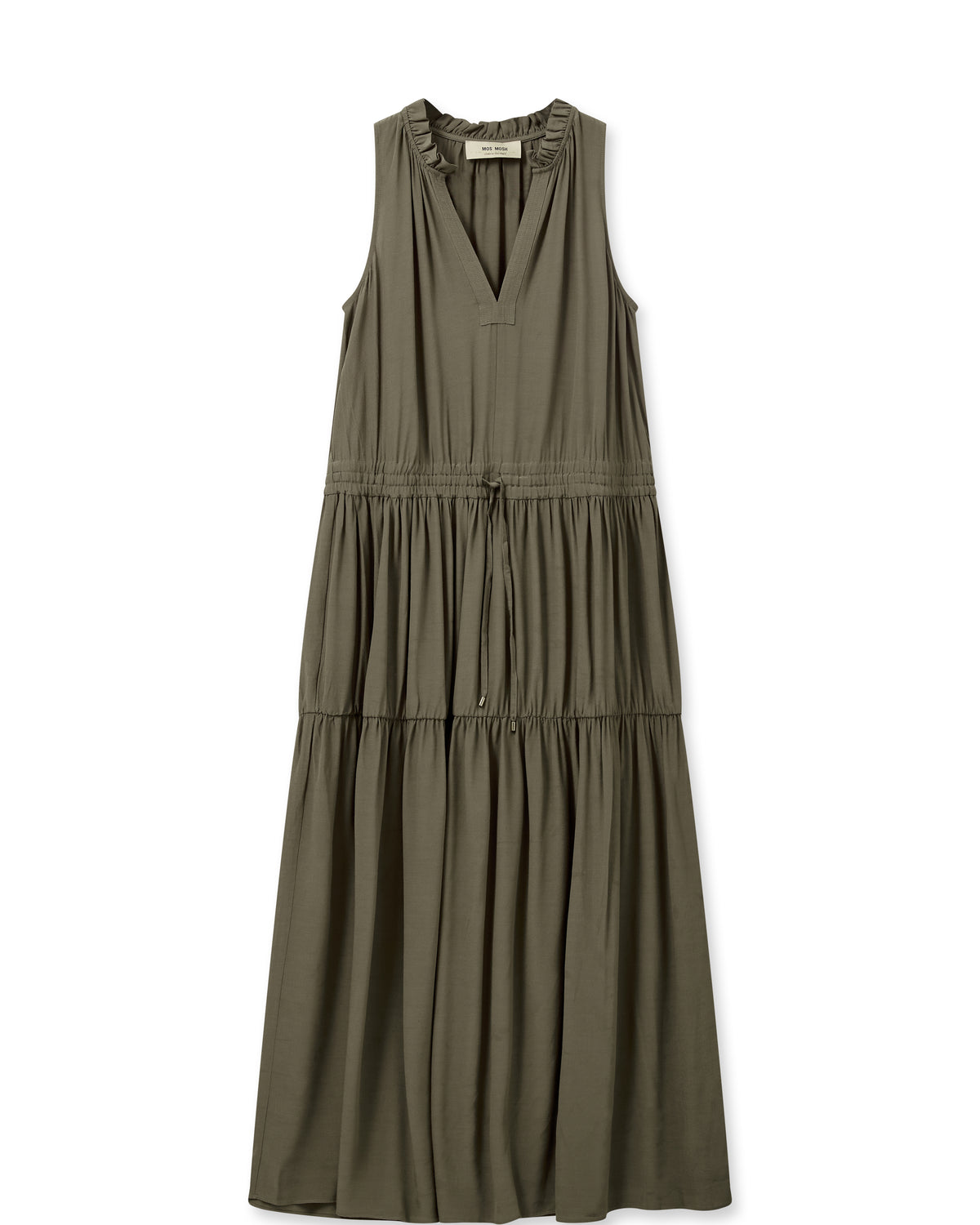 Khaki green tiered dress with small ruffle detail at the neck and a elasticated waist