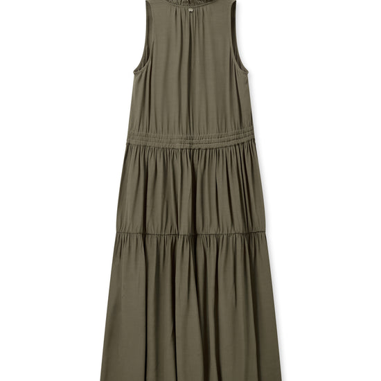 Khaki green tiered dress with small ruffle detail at the neck and a elasticated waist