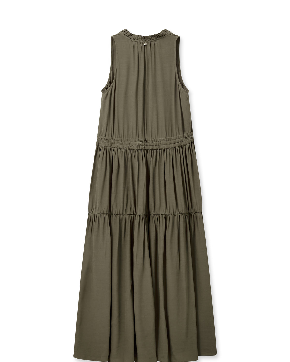 Khaki green tiered dress with small ruffle detail at the neck and a elasticated waist