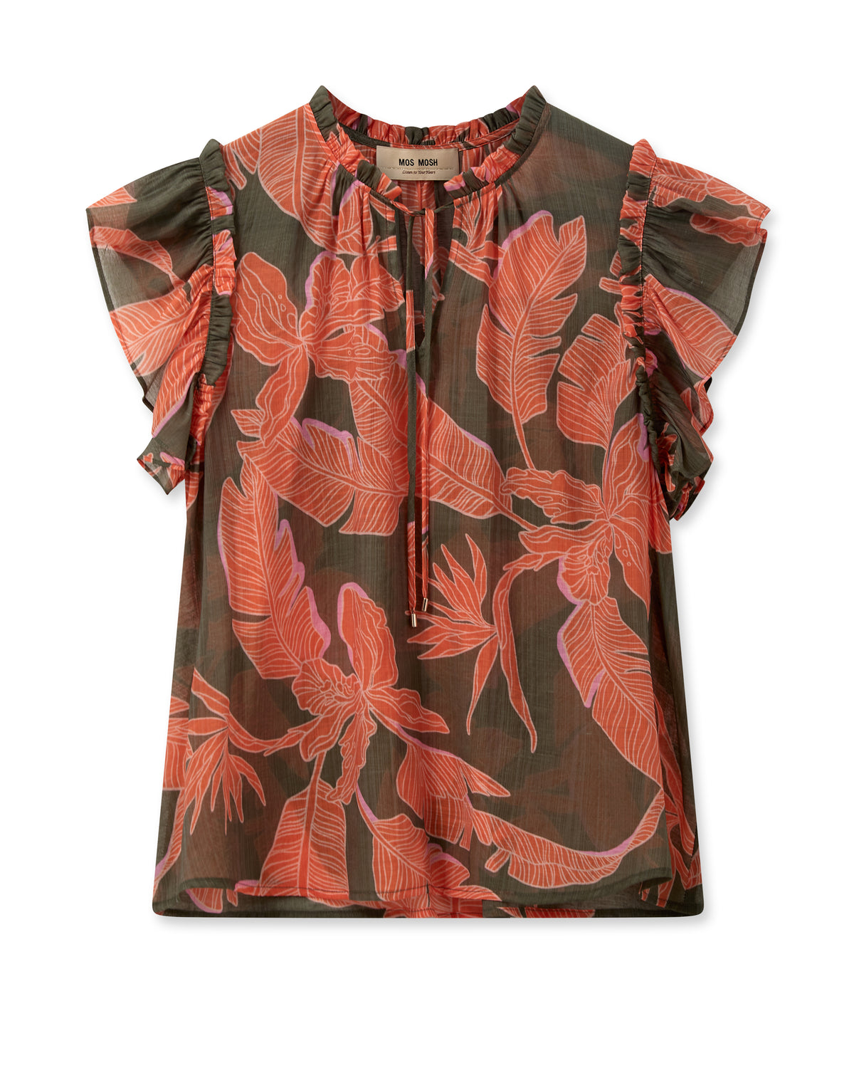 Printed viscose top with frill sleeves and tie detail at the neck