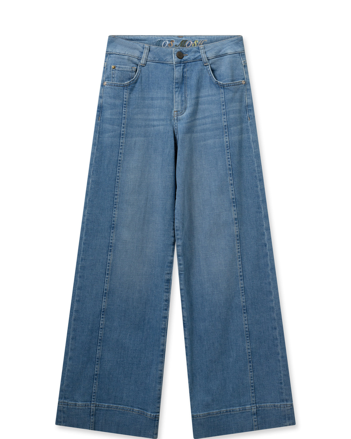 Wide leg pale wash jeans with front seam detail