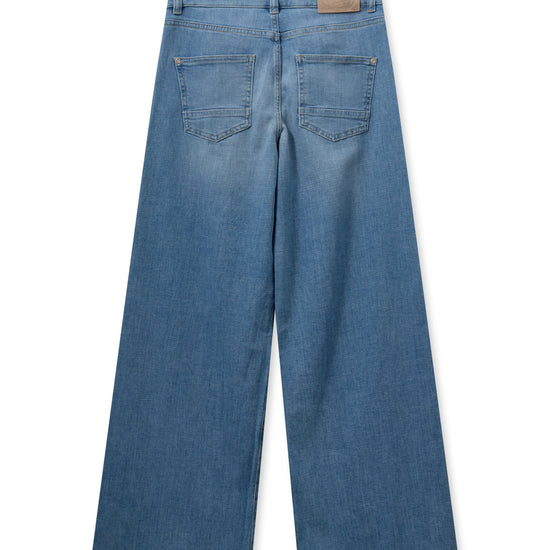 Rear view of wide leg pale wash jeans with front seam