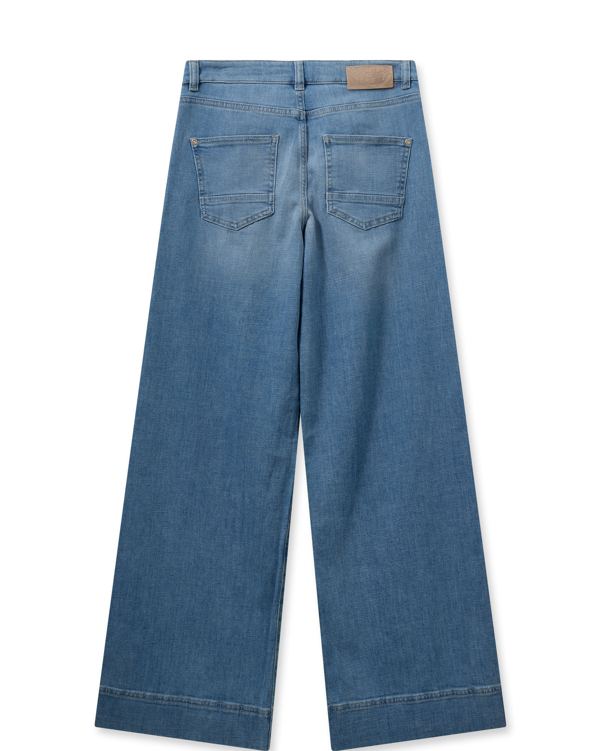 Rear view of wide leg pale wash jeans with front seam