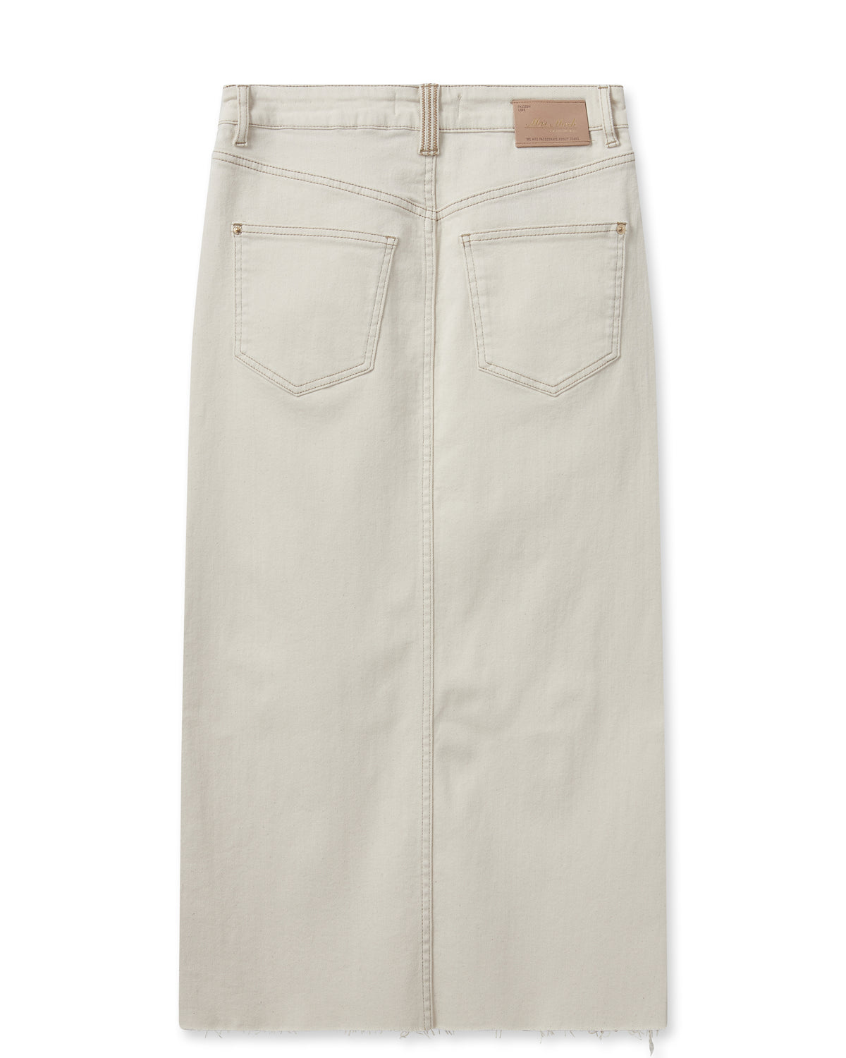 Ecru denim midi skirt with front centre split and classic five pocket design