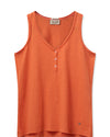 Hot orange cotton vest tee with triple button fastening at the neck