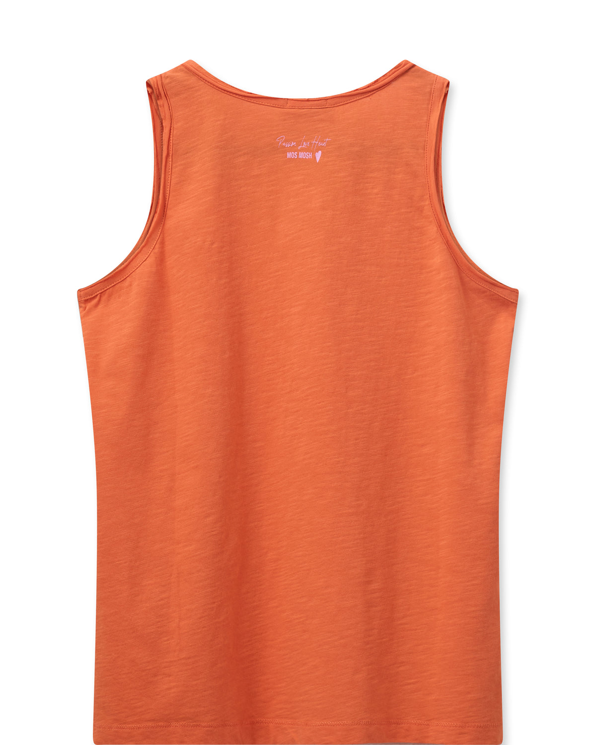 Hot orange cotton vest tee with triple button fastening at the neck rear view