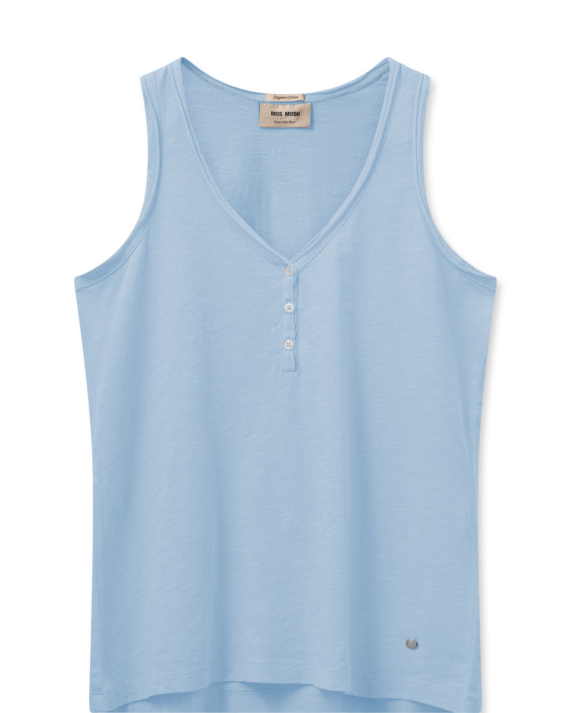 Vest shape t shirt with a v neck and 3 small button fastening