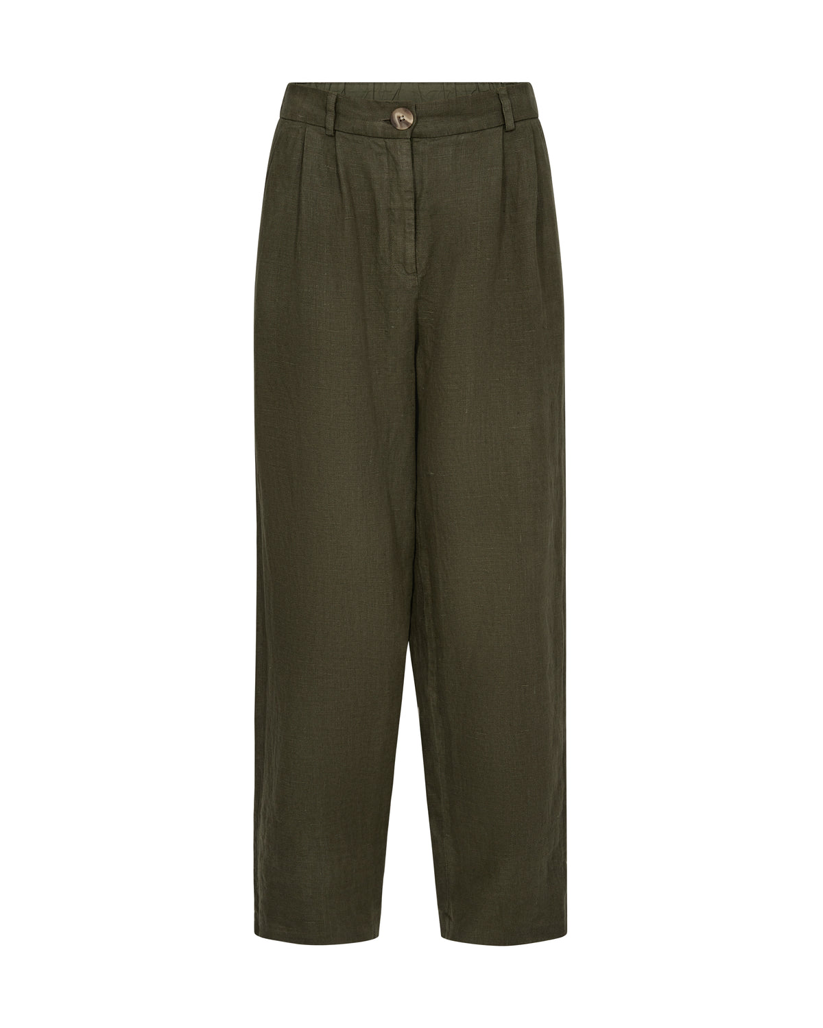 Regular cut khaki linen trousers with zip and button fastening pleated front and side pockets