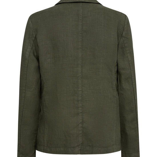 Single breasted khaki green linen blazer rear view