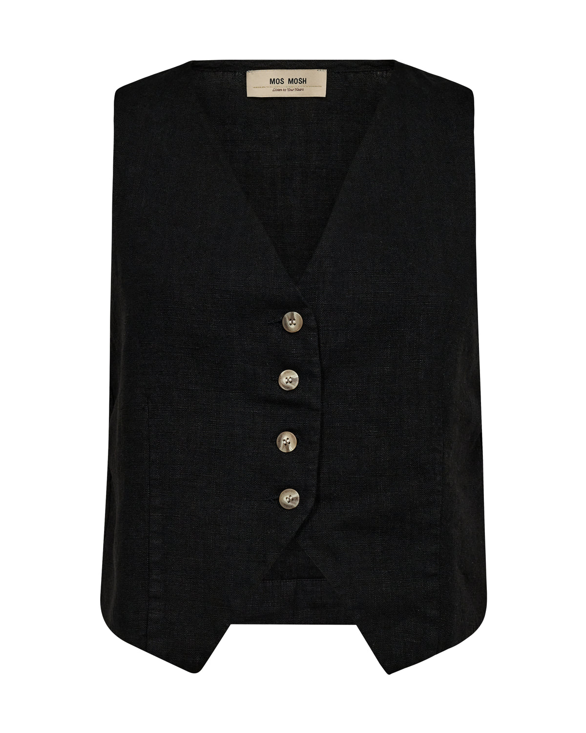 Black linen single breasted waistcoat with contrast buttons