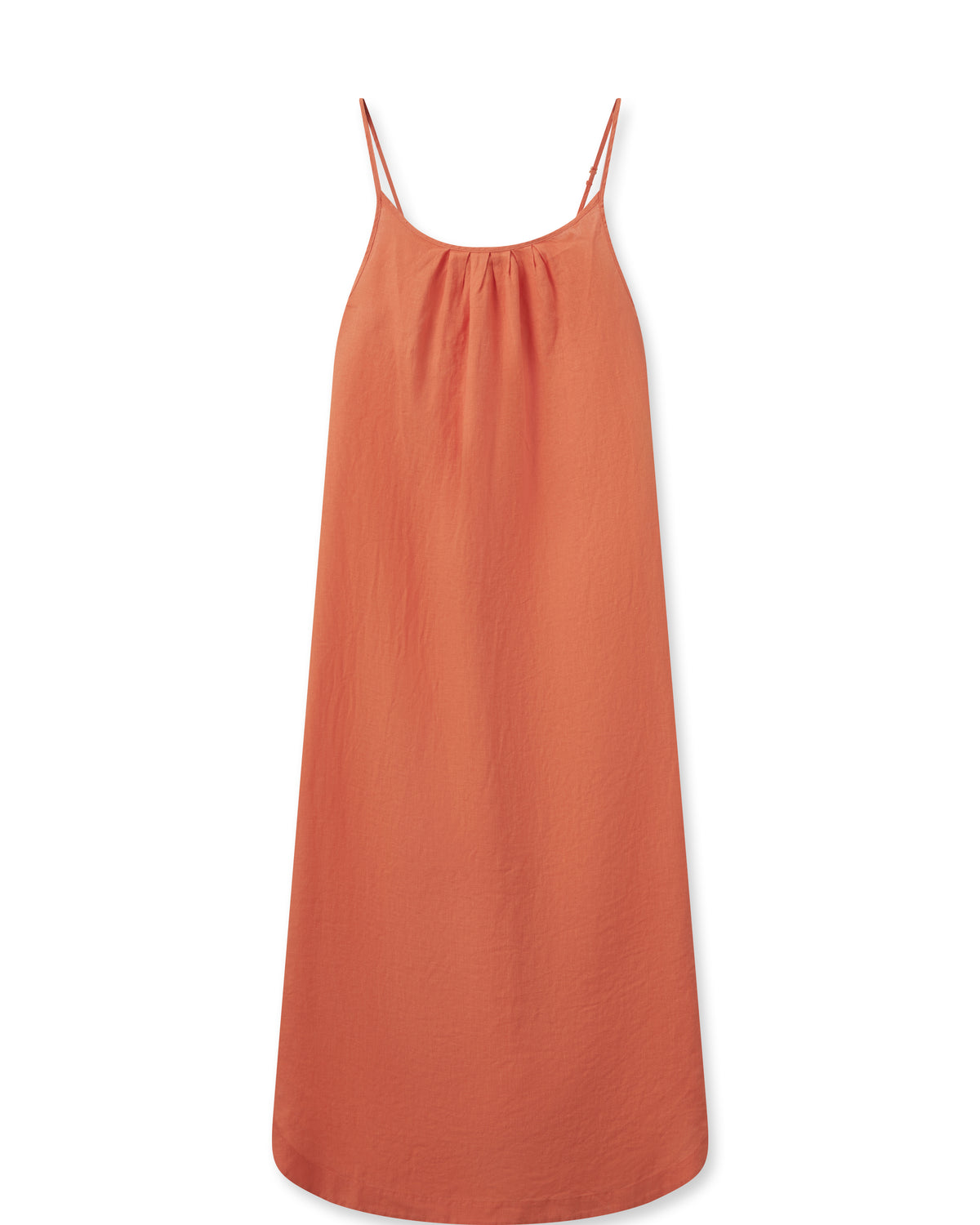 Hot orange linen dress with spaghetti straps and a shaped hem