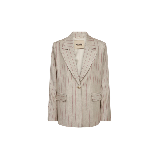 Beige pinstripe blazer on a white background