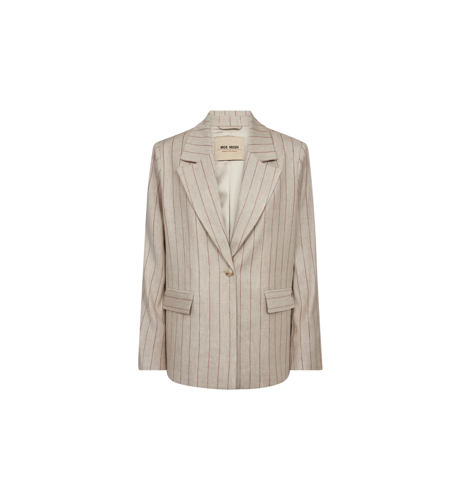 Beige pinstripe blazer on a white background