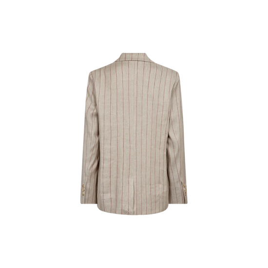 Beige pinstripe blazer on a white background