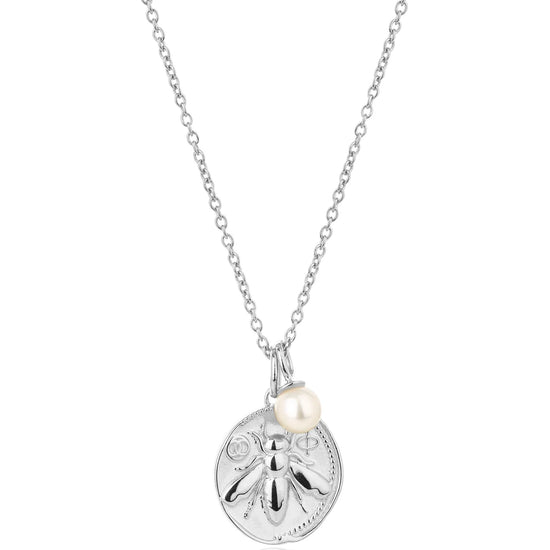 Silver bee coin pendant necklace with small rice pearl on silver chain