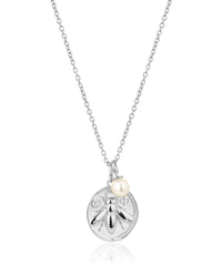 Silver bee coin pendant necklace with small rice pearl on silver chain