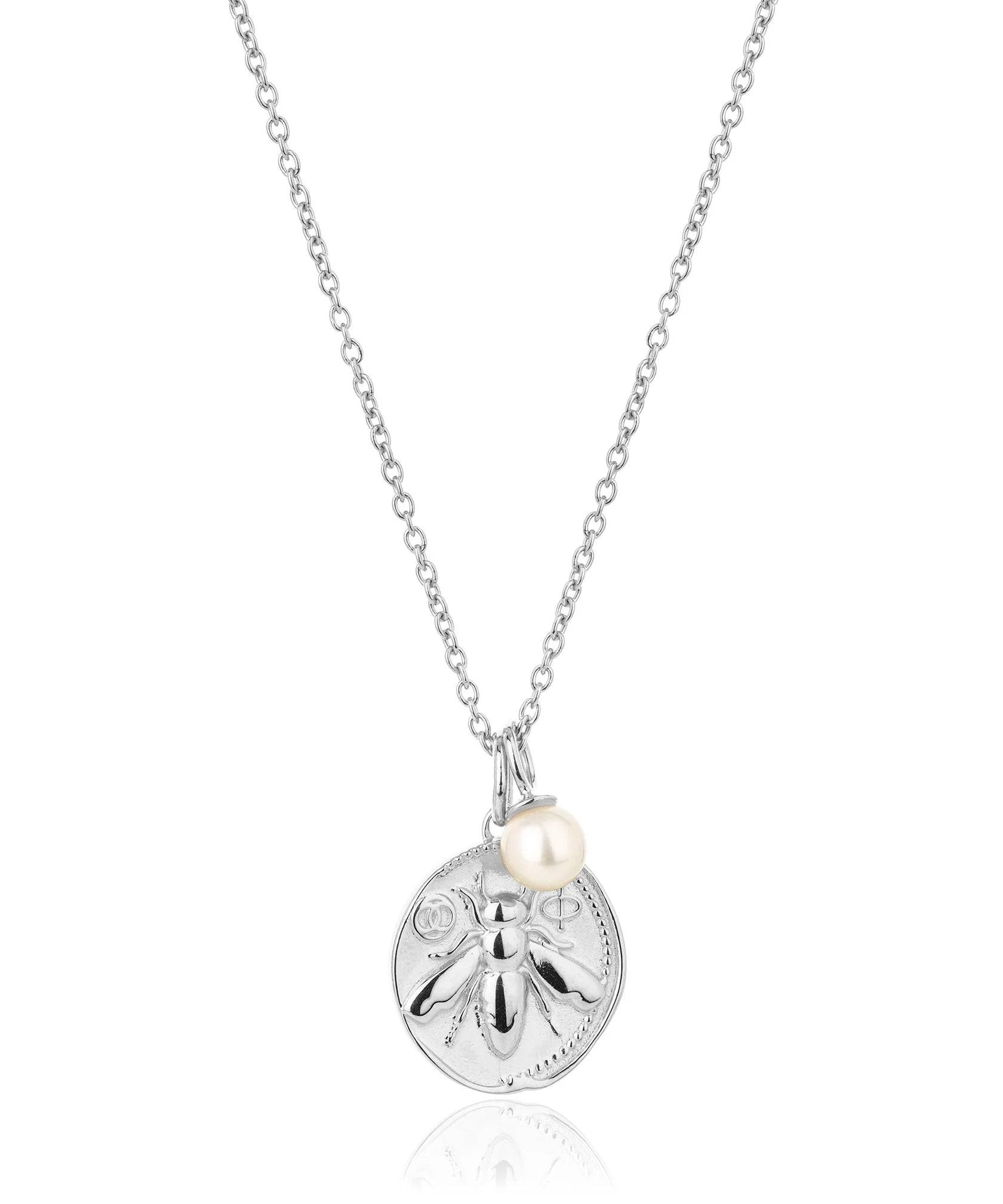 Silver bee coin pendant necklace with small rice pearl on silver chain