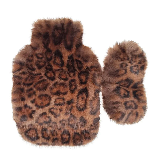 leopard faux fur hot water bottle and eye mask