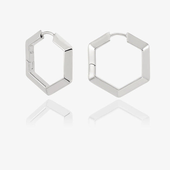 large silver hexagon shaped hoop earrings from claudia bradby