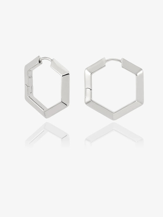 large silver hexagon shaped hoop earrings from claudia bradby