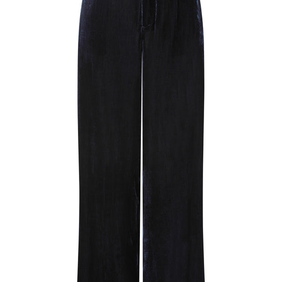 navy velvet wide leg trousers with elasticated rear waist  