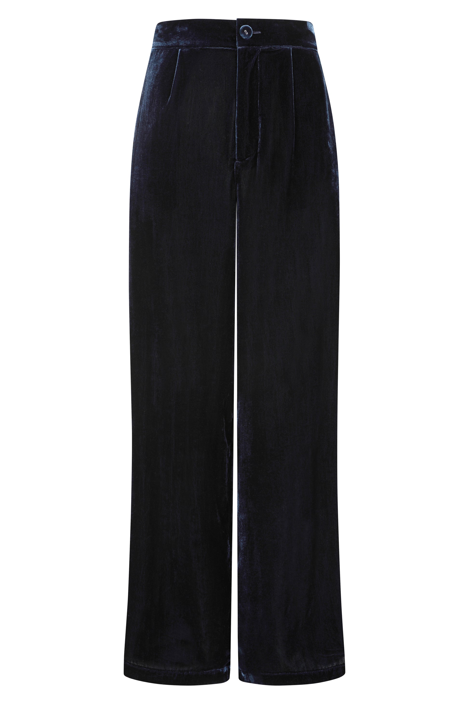 navy velvet wide leg trousers with elasticated rear waist  