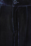 navy velvet wide leg trousers with elasticated rear waist   close up of button