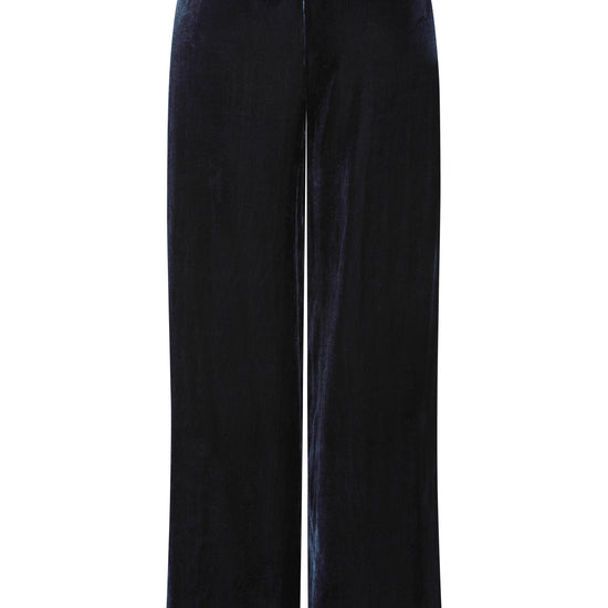 navy velvet wide leg trousers with elasticated rear waist   rear view 