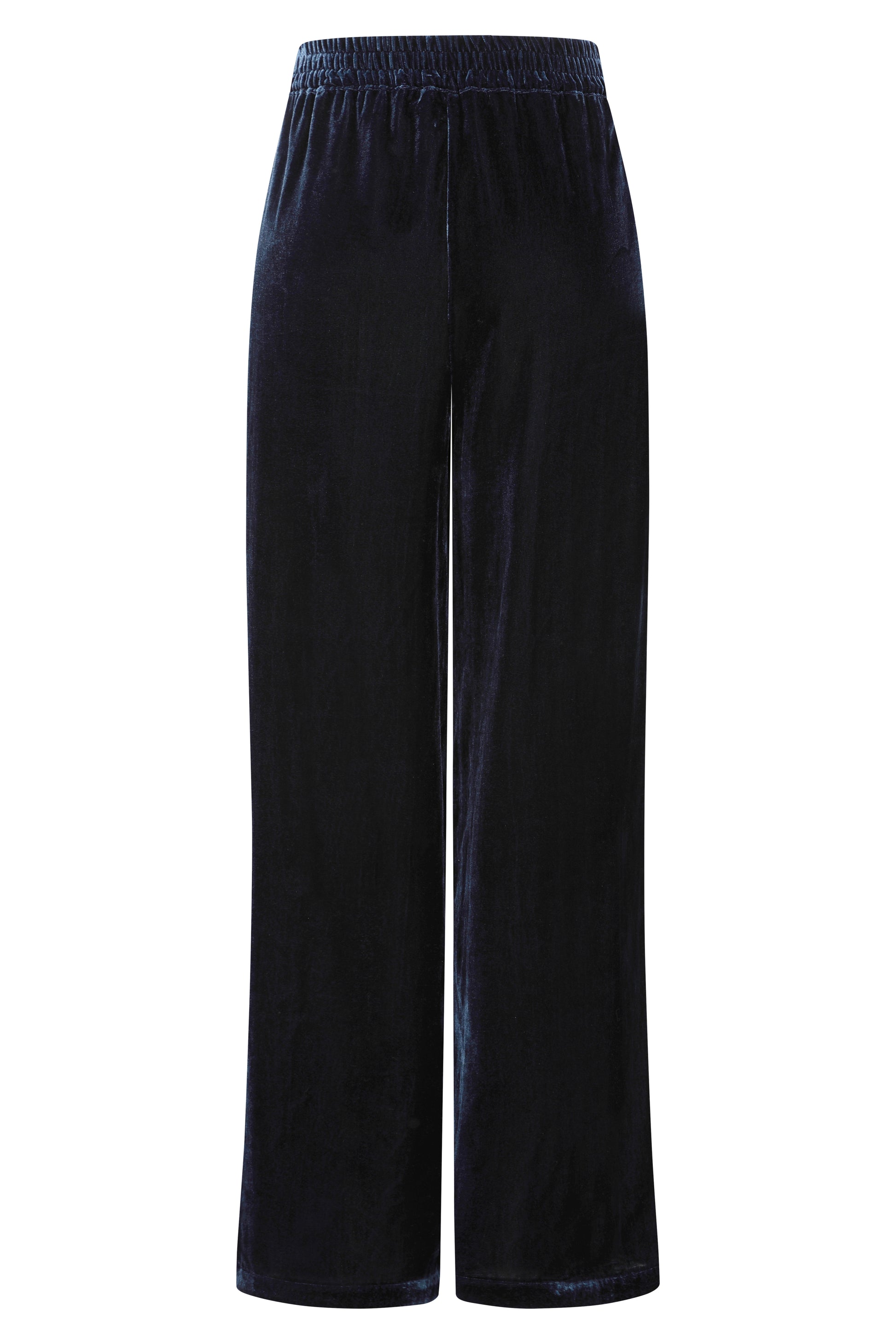 navy velvet wide leg trousers with elasticated rear waist   rear view 