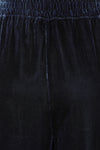 navy velvet wide leg trousers with elasticated rear waist  close up of waist