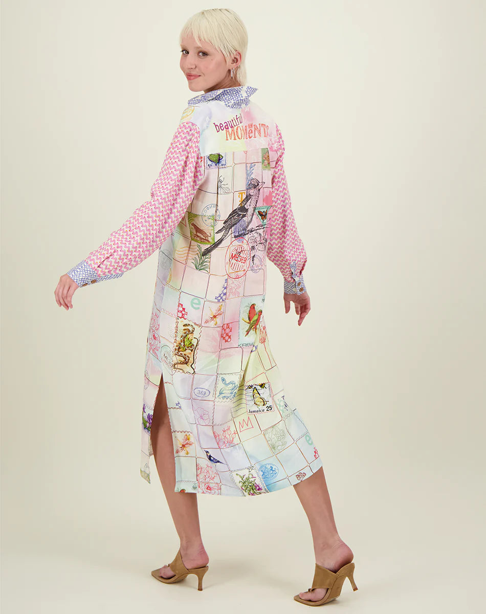 Midi shirt dress with full length placket and button fastening with multi pastel colours and a postcard print design