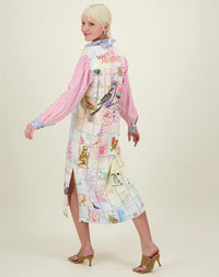 Midi shirt dress with full length placket and button fastening with multi pastel colours and a postcard print design