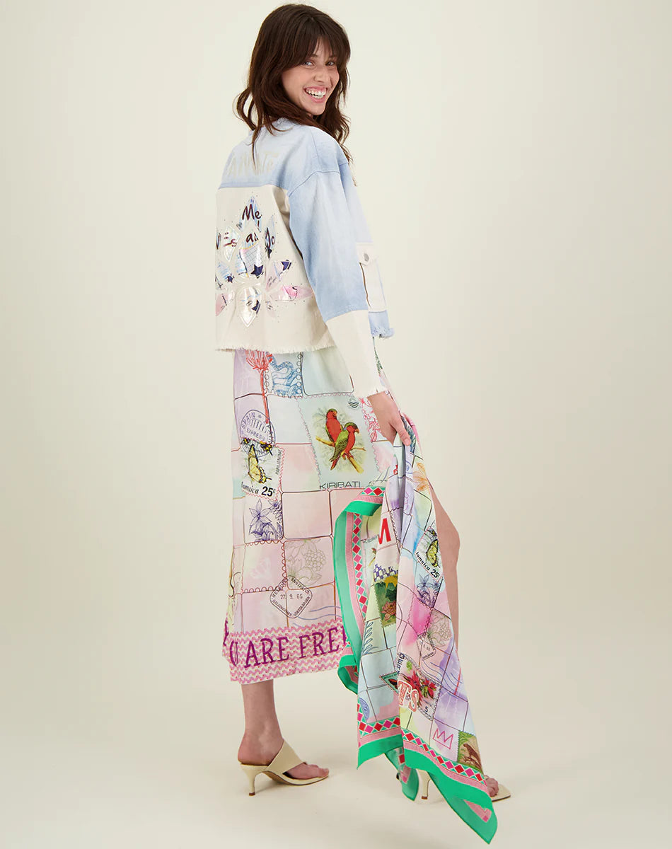 Midi slip dress with stamp and postcard design in multi pastel colours with thin contrast straps and trim with side splits