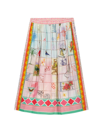 Stamp inspired printed A line linen blend skirt with elasticated waist and inseam pockets in multi pastel colours
