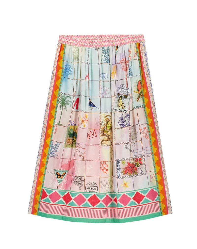 Stamp inspired printed A line linen blend skirt with elasticated waist and inseam pockets in multi pastel colours