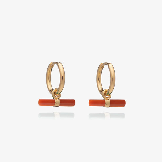 small gold huggie hoops with red resin t bar charm from rachel jackson