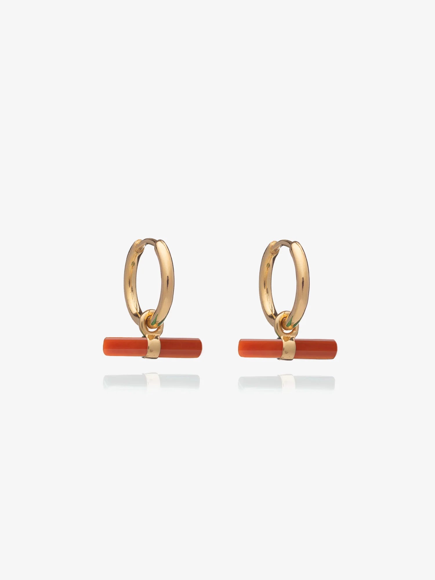 small gold huggie hoops with red resin t bar charm from rachel jackson