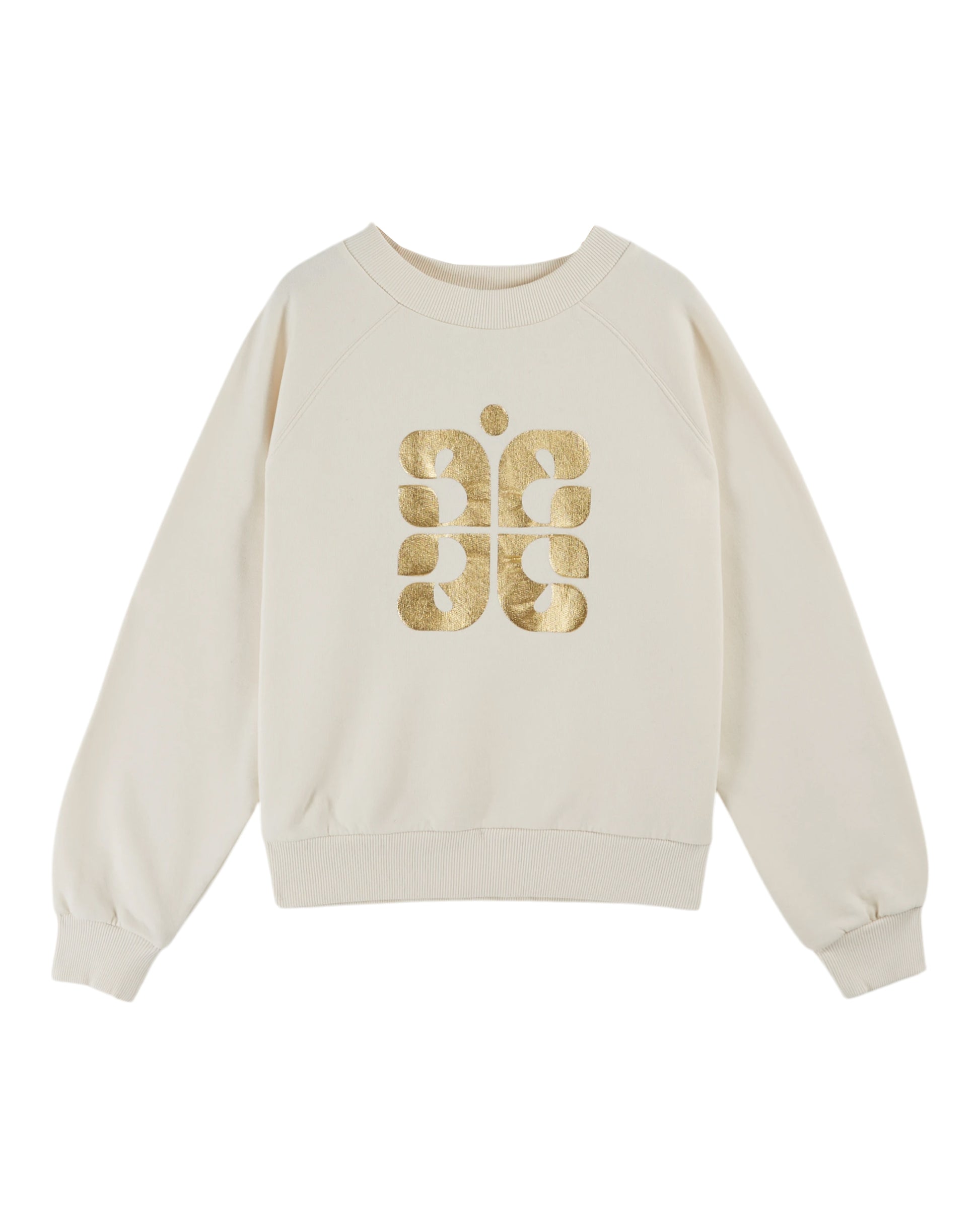 Cream round neck sweatshirt with rib detailing and logo in the centre