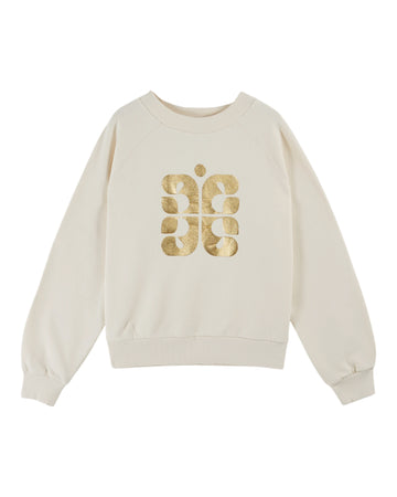 Cream round neck sweatshirt with rib detailing and logo in the centre