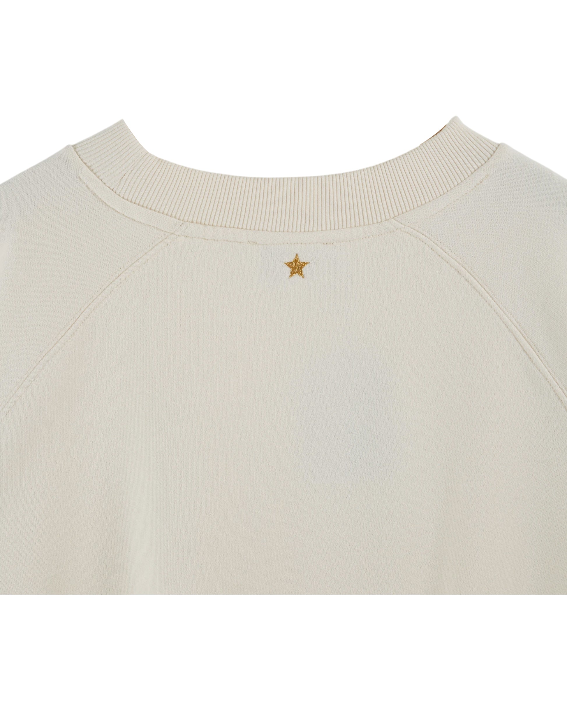 Cream round neck sweatshirt with rib detailing and logo in the centre close up of rear