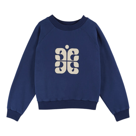 navy round neck sweatshirt with rib detailing and logo in the centre
