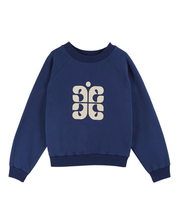 navy round neck sweatshirt with rib detailing and logo in the centre