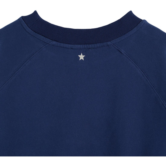 navy round neck sweatshirt with rib detailing and logo in the centre close up of rear